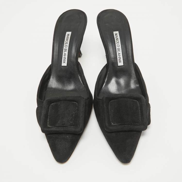 Pre Owned Manolo Blahnik Black Suede Maysale Mules Size 38.5