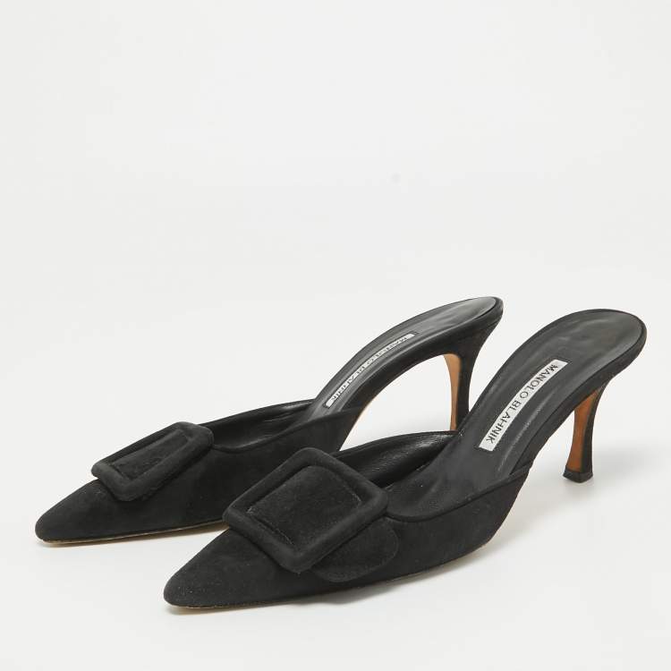 Pre Owned Manolo Blahnik Black Suede Maysale Mules Size 38.5