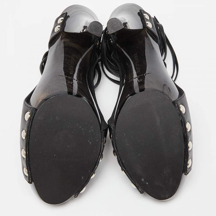 مملوكة مسبقًا Manolo Blahnik Black Leather Ankle Wrap Sandals Size 41