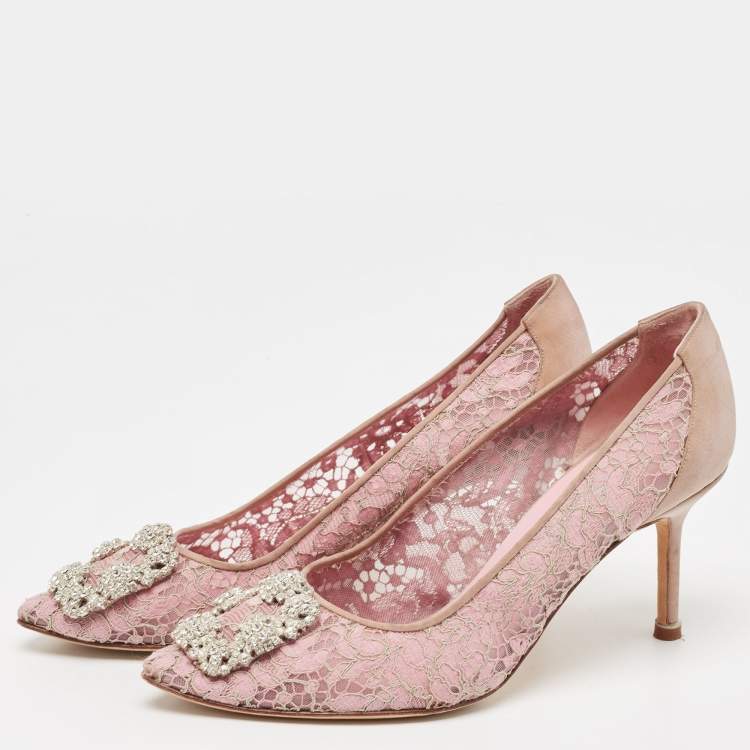 Pre Owned Manolo Blahnik Pink Lace and Mesh Hangisi Pumps Size 38.5