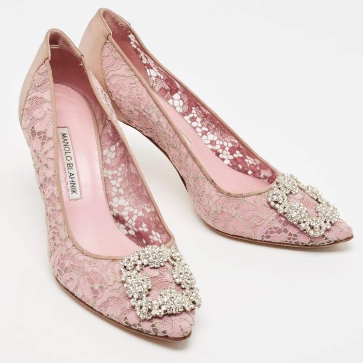 Pre Owned Manolo Blahnik Pink Lace and Mesh Hangisi Pumps Size 38.5