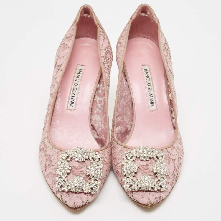 Pre Owned Manolo Blahnik Pink Lace and Mesh Hangisi Pumps Size 38.5