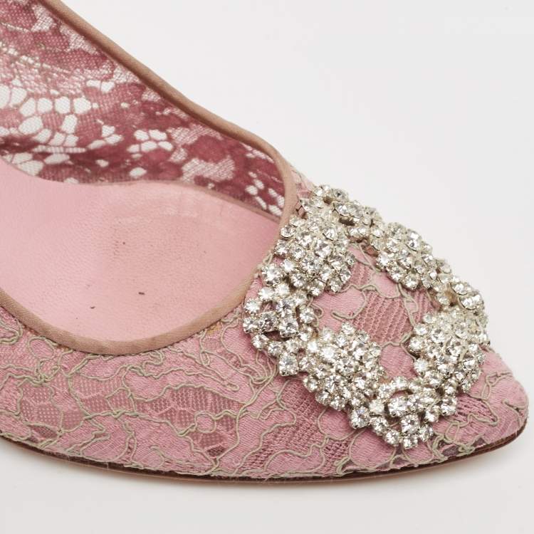 Pre Owned Manolo Blahnik Pink Lace and Mesh Hangisi Pumps Size 38.5