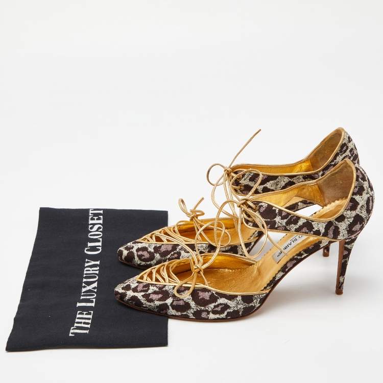 Pre Owned Manolo Blahnik Multicolor Brown/Gold Brocade Fabric and Leather Lace Up Pointed Toe Pumps Size 40