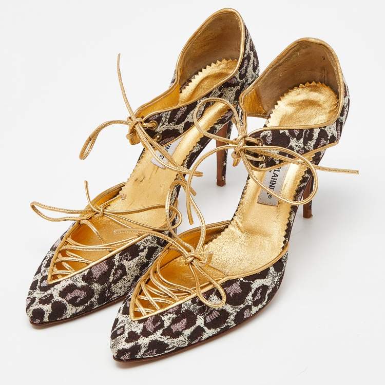 Pre Owned Manolo Blahnik Multicolor Brown/Gold Brocade Fabric and Leather Lace Up Pointed Toe Pumps Size 40