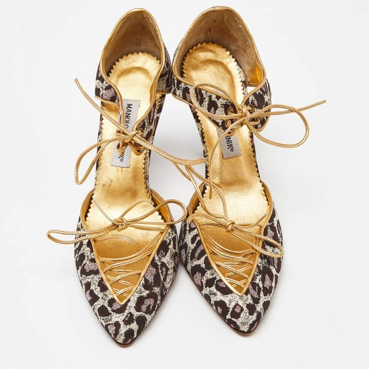 Pre Owned Manolo Blahnik Multicolor Brown/Gold Brocade Fabric and Leather Lace Up Pointed Toe Pumps Size 40