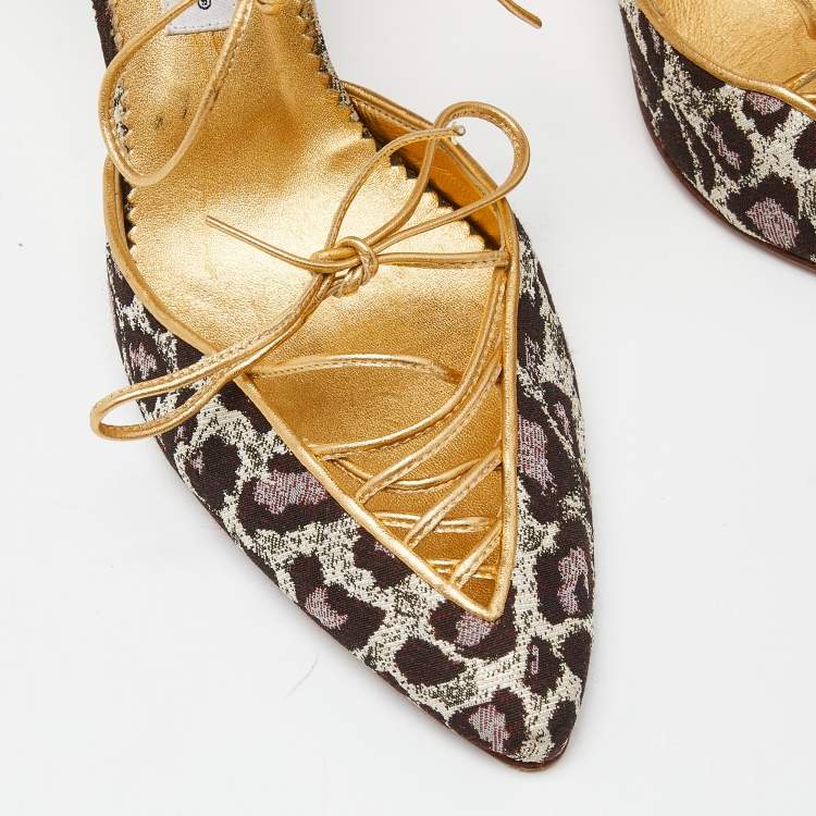 Pre Owned Manolo Blahnik Multicolor Brown/Gold Brocade Fabric and Leather Lace Up Pointed Toe Pumps Size 40