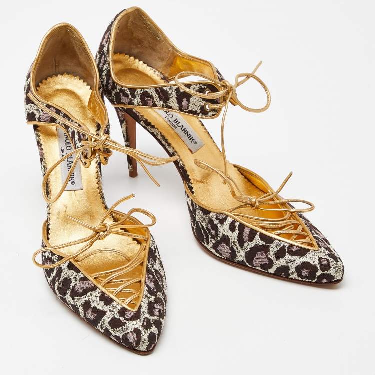 Pre Owned Manolo Blahnik Multicolor Brown/Gold Brocade Fabric and Leather Lace Up Pointed Toe Pumps Size 40