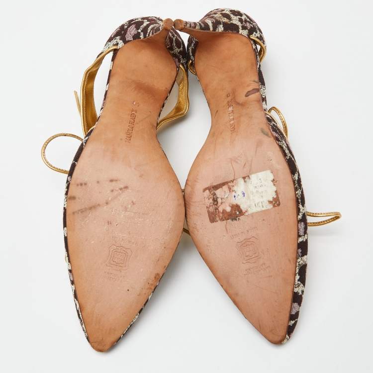 Pre Owned Manolo Blahnik Multicolor Brown/Gold Brocade Fabric and Leather Lace Up Pointed Toe Pumps Size 40