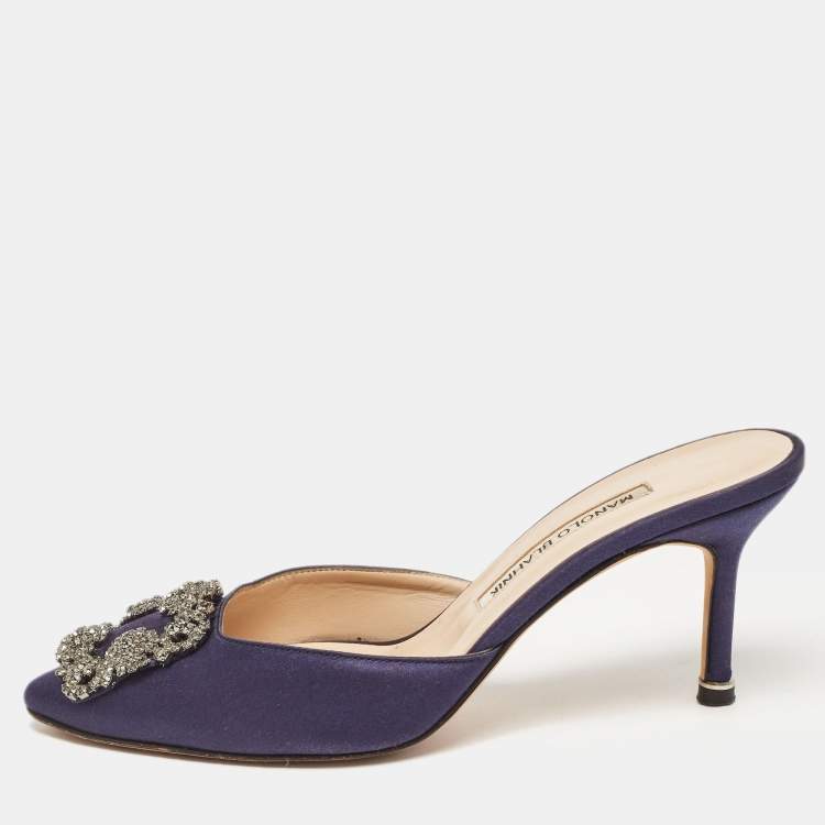 Pre Owned Manolo Blahnik Navy Blue Satin Hangisimu Mules Size 36.5