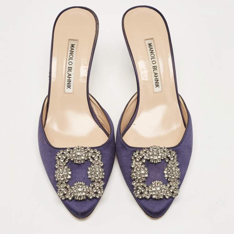 Pre Owned Manolo Blahnik Navy Blue Satin Hangisimu Mules Size 36.5
