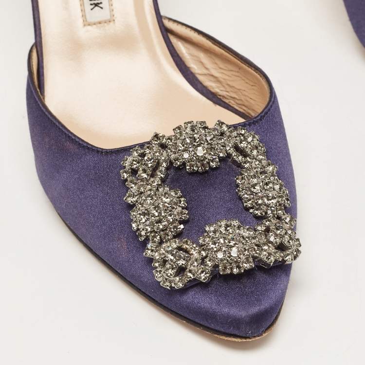 Pre Owned Manolo Blahnik Navy Blue Satin Hangisimu Mules Size 36.5