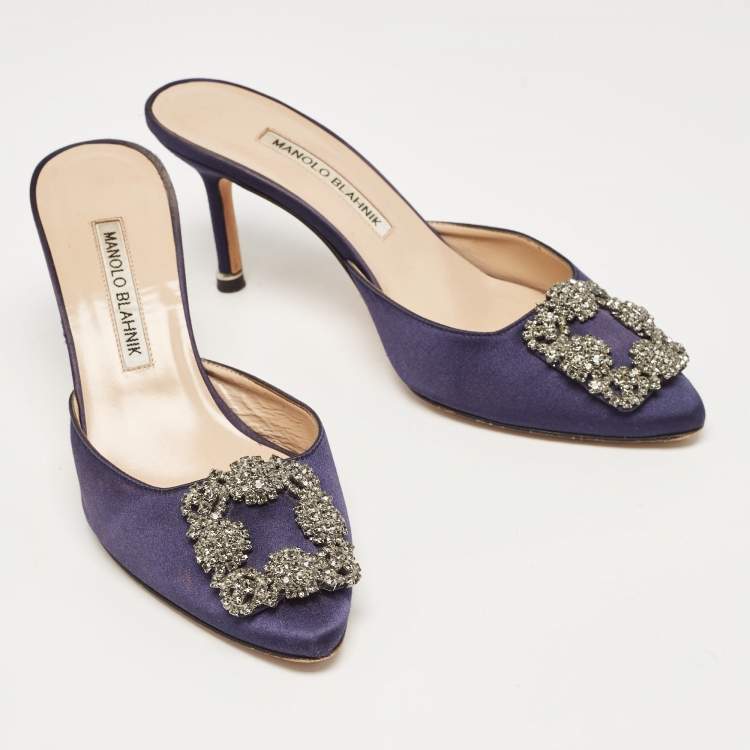Pre Owned Manolo Blahnik Navy Blue Satin Hangisimu Mules Size 36.5