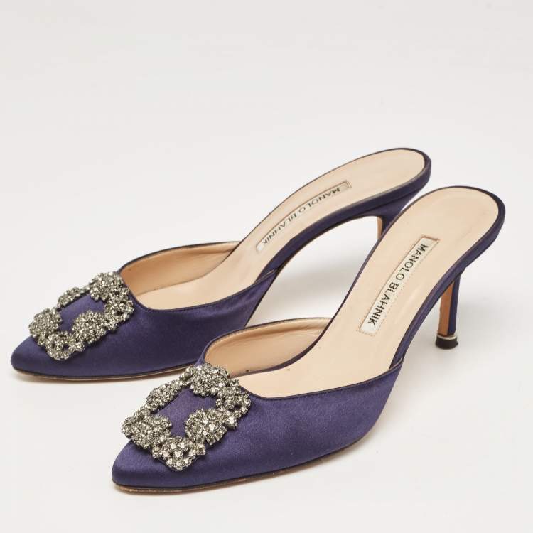 Pre Owned Manolo Blahnik Navy Blue Satin Hangisimu Mules Size 36.5