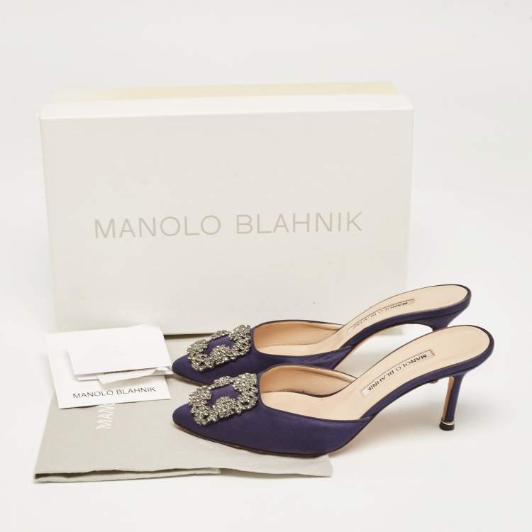 Pre Owned Manolo Blahnik Navy Blue Satin Hangisimu Mules Size 36.5