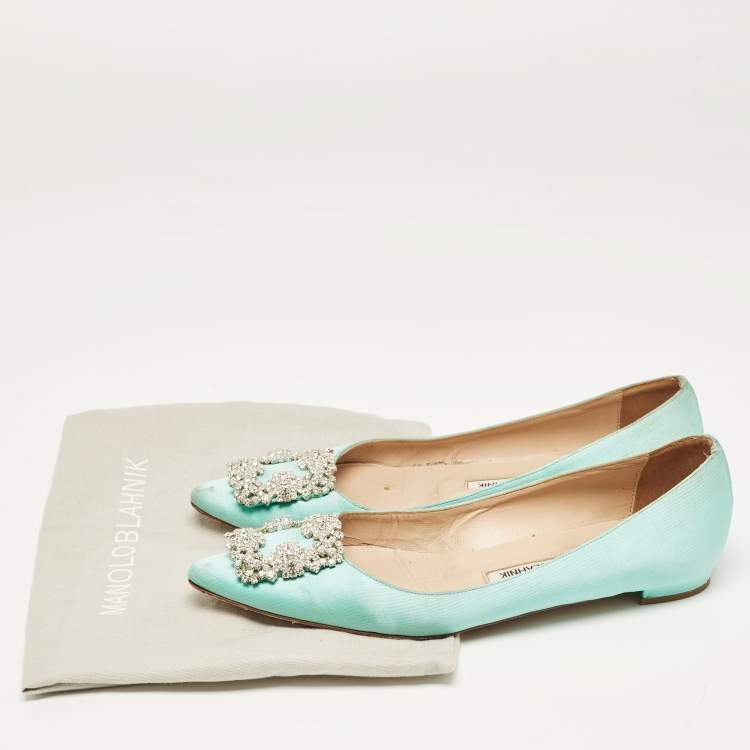 Pre Owned Manolo Blahnik Turquoise Satin Hangisi Ballet Flats Size 37