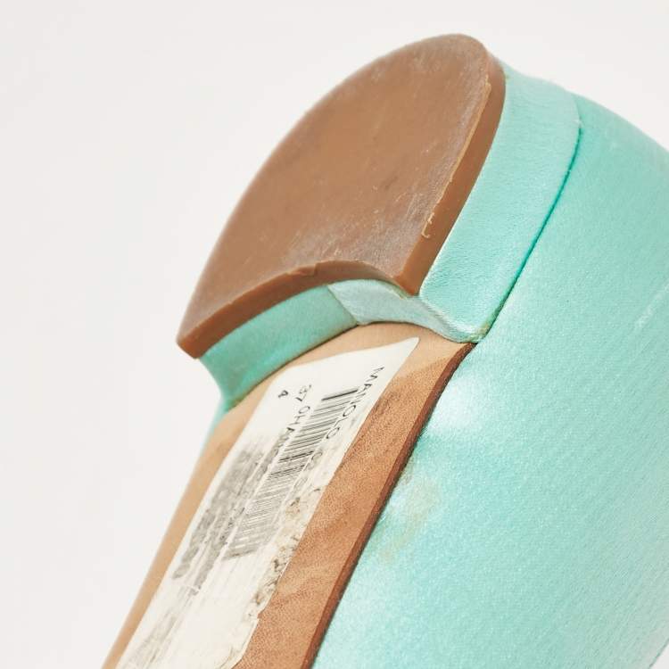 Pre Owned Manolo Blahnik Turquoise Satin Hangisi Ballet Flats Size 37