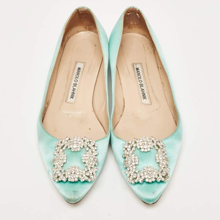 Pre Owned Manolo Blahnik Turquoise Satin Hangisi Ballet Flats Size 37
