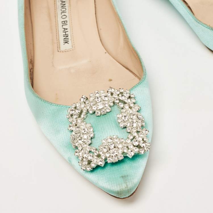 Pre Owned Manolo Blahnik Turquoise Satin Hangisi Ballet Flats Size 37