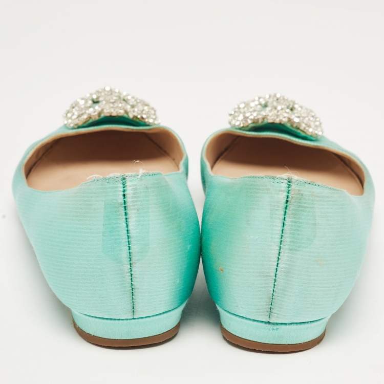 Pre Owned Manolo Blahnik Turquoise Satin Hangisi Ballet Flats Size 37