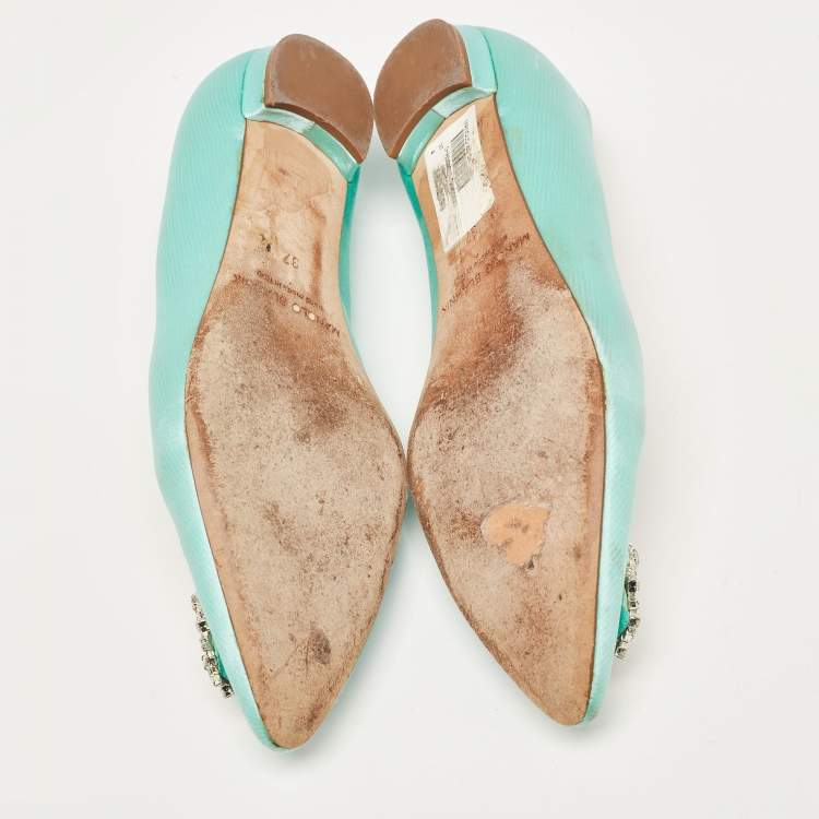 Pre Owned Manolo Blahnik Turquoise Satin Hangisi Ballet Flats Size 37