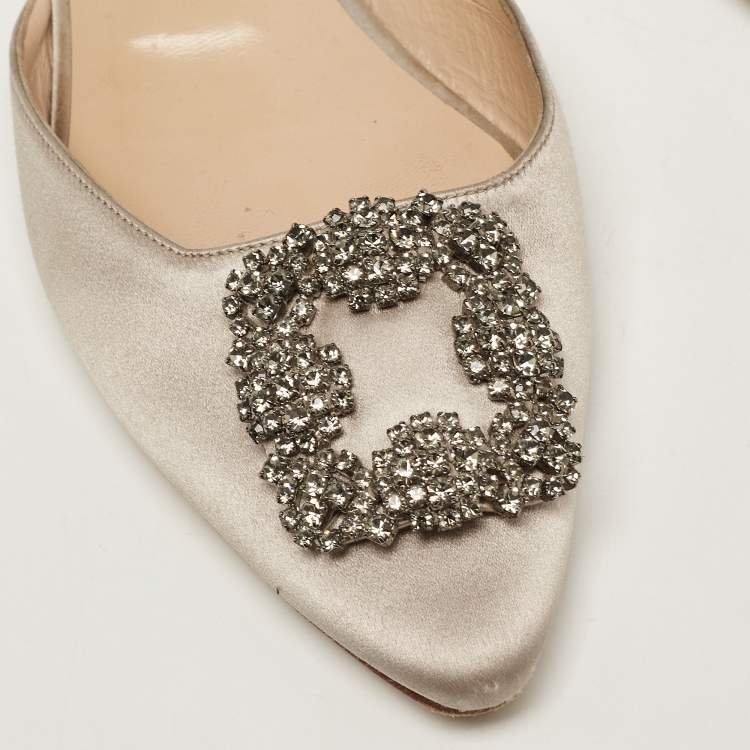 Pre Owned Manolo Blahnik Grey Satin Hangisi Flat Mules Size 37.5