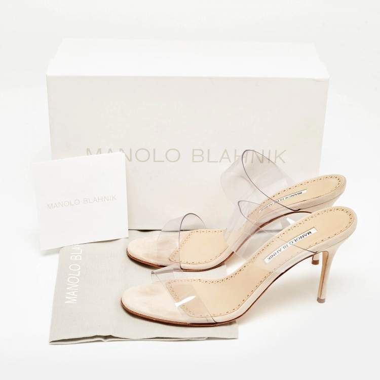Pre Owned Manolo Blahnik Transparent PVC and Suede Open Toe Slide Sandals Size 40