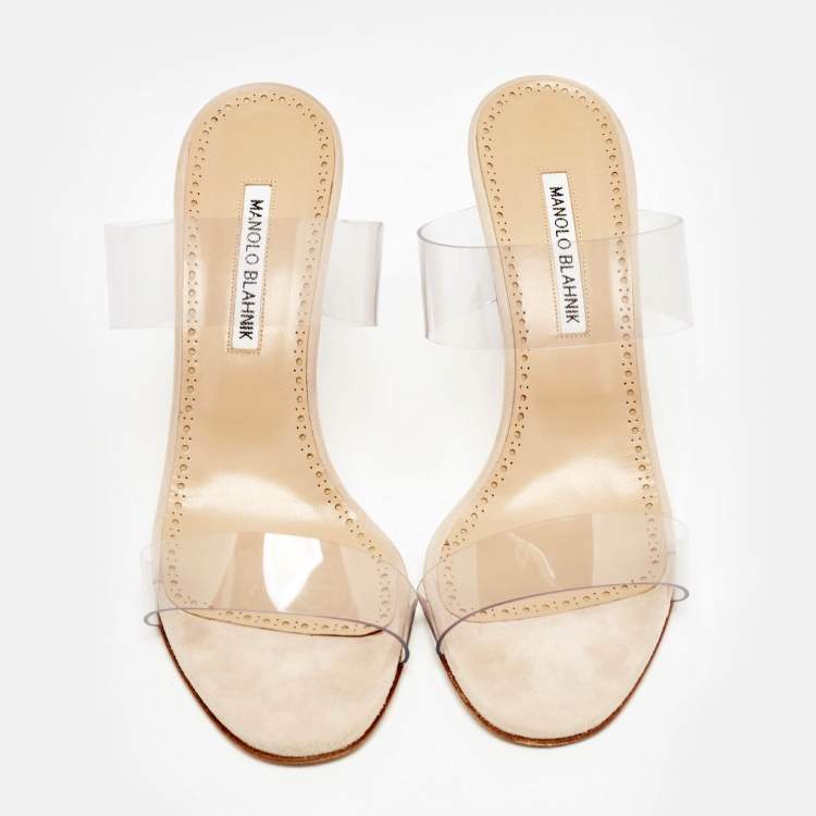 Pre Owned Manolo Blahnik Transparent PVC and Suede Open Toe Slide Sandals Size 40