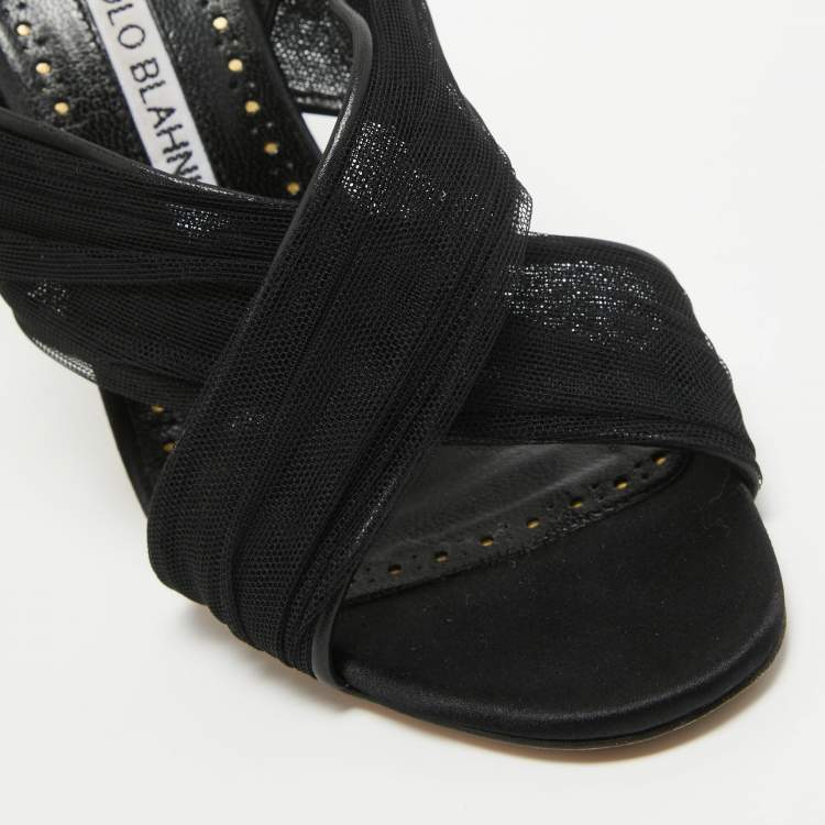 Pre Owned Manolo Blahnik Black Mesh and Leather Slingback Sandals Size 37