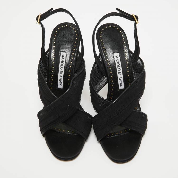 Pre Owned Manolo Blahnik Black Mesh and Leather Slingback Sandals Size 37