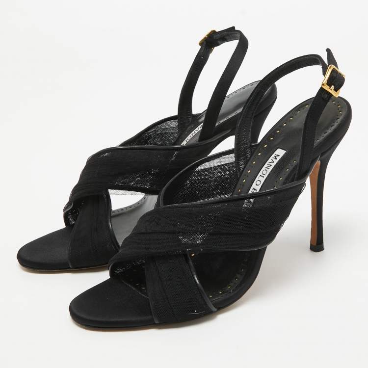 Pre Owned Manolo Blahnik Black Mesh and Leather Slingback Sandals Size 37