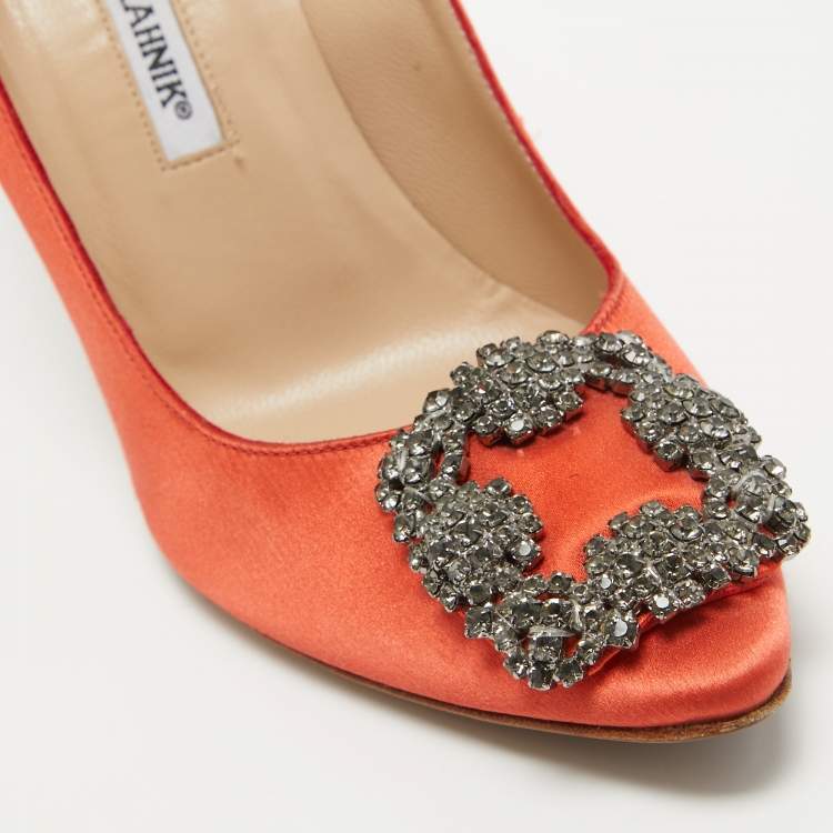 Pre Owned Manolo Blahnik Orange Satin Hangisi Pumps Size 37