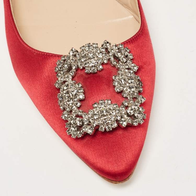 Pre Owned Manolo Blahnik Burgundy Satin Hangisi Ballet Flats Size 41.5