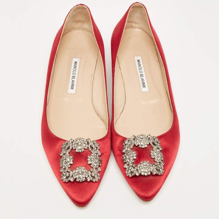 Pre Owned Manolo Blahnik Burgundy Satin Hangisi Ballet Flats Size 41.5