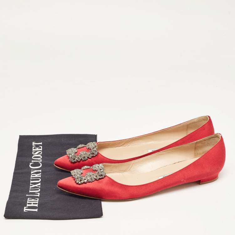 Pre Owned Manolo Blahnik Burgundy Satin Hangisi Ballet Flats Size 41.5