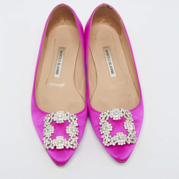 Pre Owned Manolo Blahnik Pink Satin Hangisi Ballet Flats Size 39