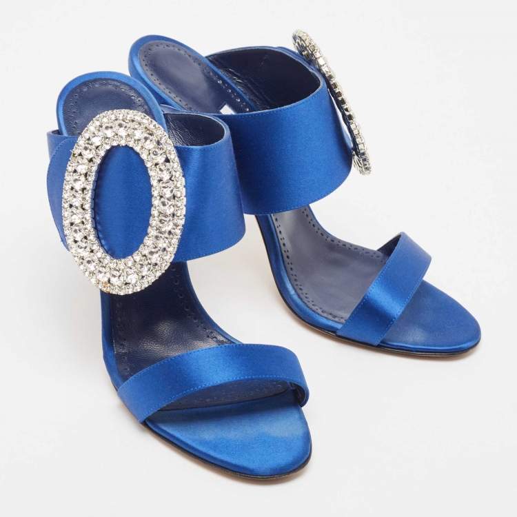 Pre Owned Manolo Blahnik Blue Satin Fibiona Embellished Slide Sandals Size 39.5