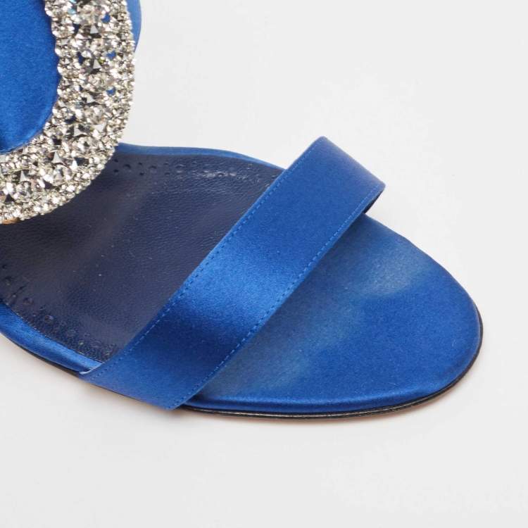 Pre Owned Manolo Blahnik Blue Satin Fibiona Embellished Slide Sandals Size 39.5