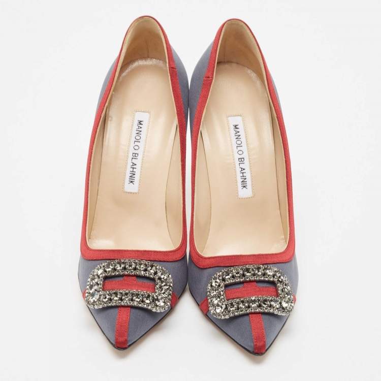 مملوكة مسبقًا Manolo Blahnik Grey Satin and Canvas Gotrian Pumps Size 39