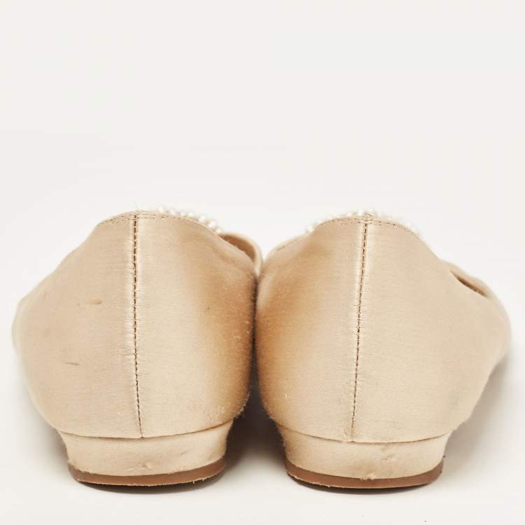 Pre Owned Manolo Blahnik Gold Satin Hangisi Ballet Flats Size 38.5