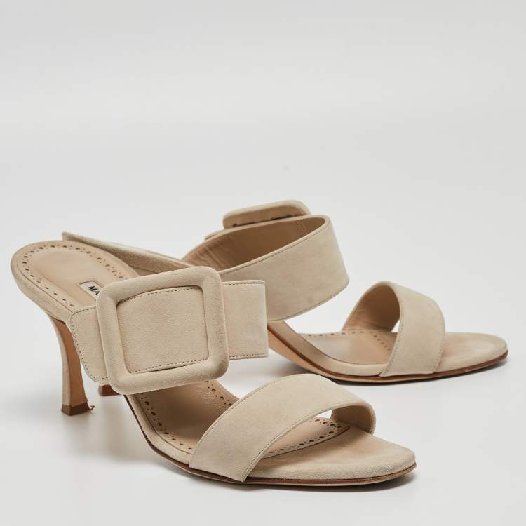 Pre Owned Manolo Blahnik Beige Suede Gable Slide Sandals Size 40