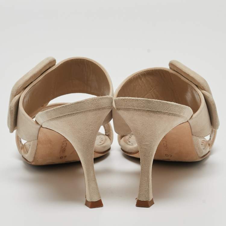 Pre Owned Manolo Blahnik Beige Suede Gable Slide Sandals Size 40