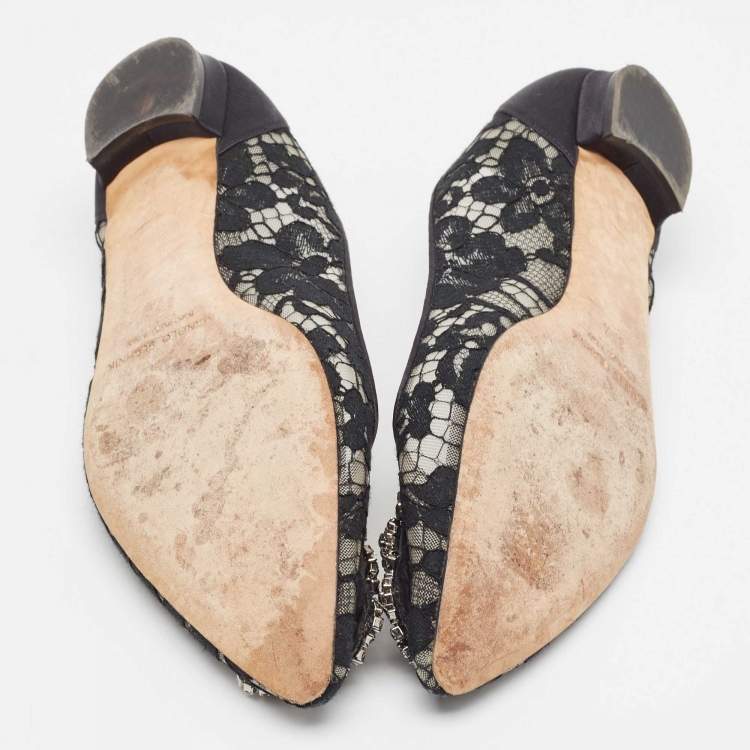 Pre Owned Manolo Blahnik Black Lace Hangisi Ballet Flats Size 37.5