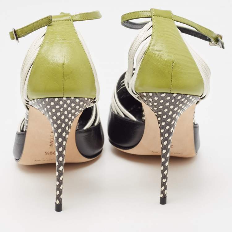 Pre Owned Manolo Blahnik Multicolor Watersnake and Leather Strappy Sandals Size 39.5