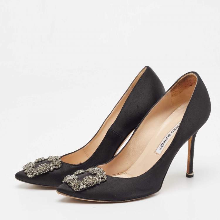 Pre Owned Manolo Blahnik Black Satin Hangisi Pumps Size 38.5