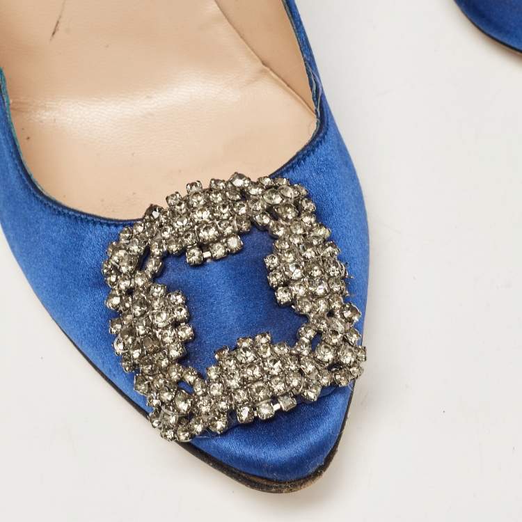 Pre Owned Manolo Blahnik Blue Satin Hangisi Pumps Size 37.5