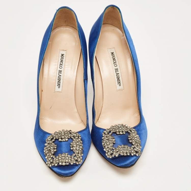 Pre Owned Manolo Blahnik Blue Satin Hangisi Pumps Size 37.5