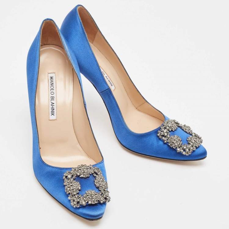 Pre Owned Manolo Blahnik Blue Satin Hangisi Pumps Size 38