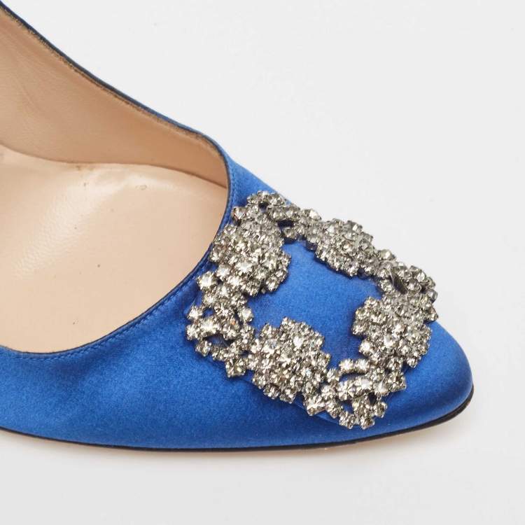 Pre Owned Manolo Blahnik Blue Satin Hangisi Pumps Size 38