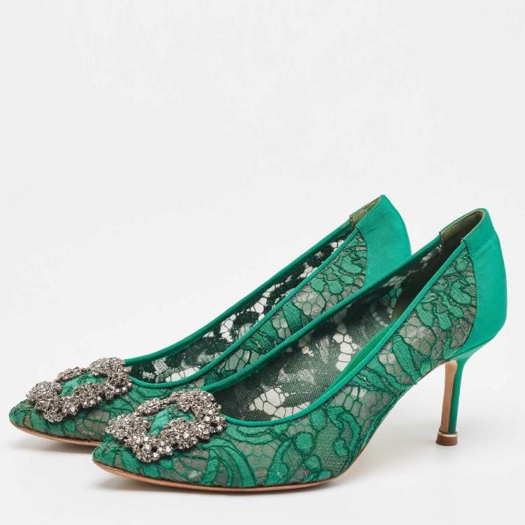 Pre Owned Manolo Blahnik Green Lace Hangisi Pumps Size 35.5